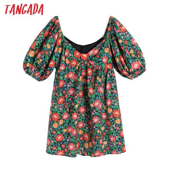 

summer women floral print french style puff short sleeve ladies mini dress vestidos 6h4 210416, Black;gray