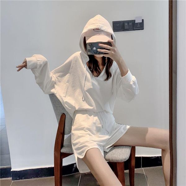 

two piece set loose hooded thin sweater + wide leg shorts 2 sets for women outfits st092 dress, White