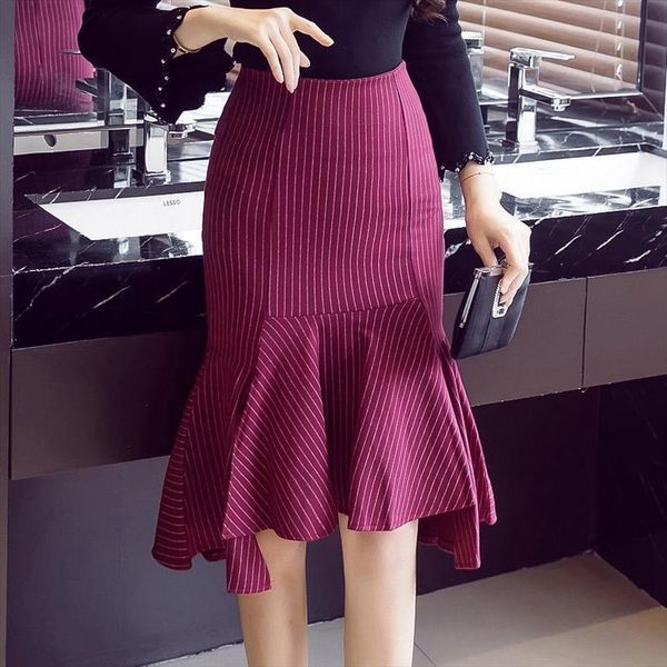 

pencil autumn winter elegant women skirt high waist vintage ladies office formal striped print plus size, Black