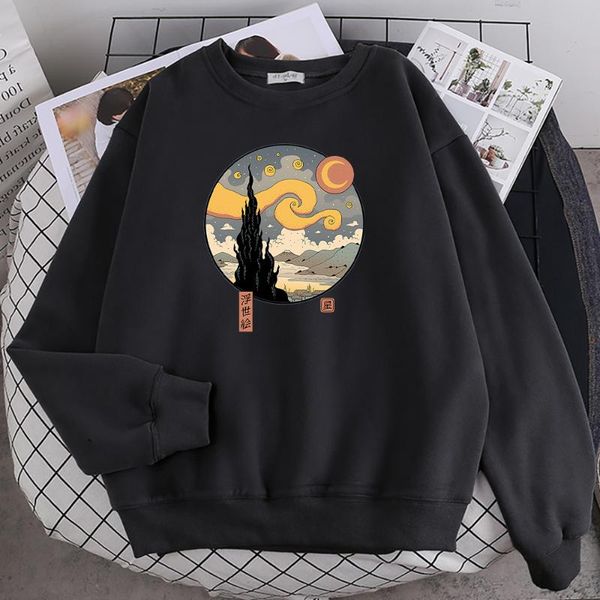 

women's hoodies & sweatshirts starry ukiyo-e night printing women hoody fashion fleece autumn crewneck hoodie loose oversize sportswear, Black