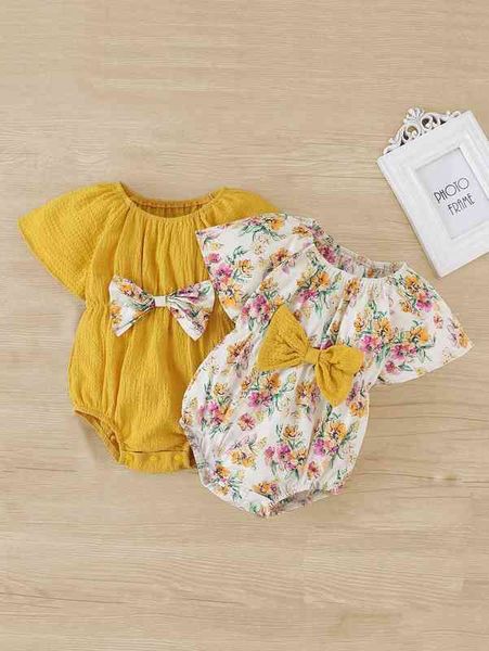 

baby 2pcs floral print bow front raglan sleeve bodysuit she, Blue