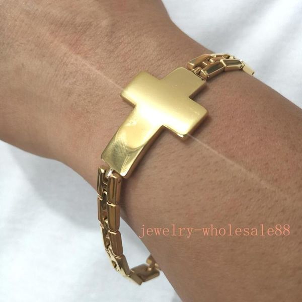 

tennis gold stainless steel shiny smooth cross link chain bracelet women men jewelry 8.26'' punk charming gifts, Golden;silver