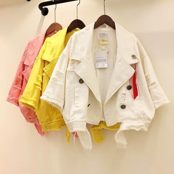 

women's jackets 2021 spring all-match letters holes short jacket loose ribbon denim female jeans coat outwear, Black;brown