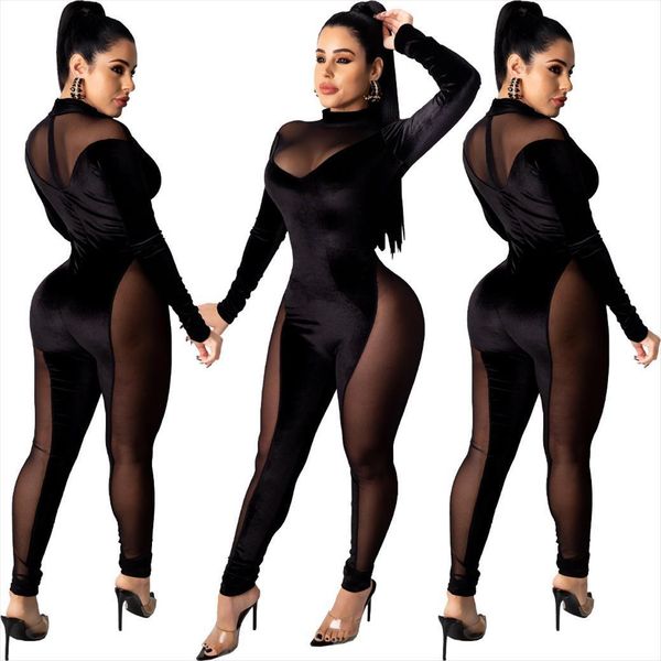 

velvet mesh patchwork womens jumpsuit bodycon fall winter one piece female outfits solid color romper, Black;white