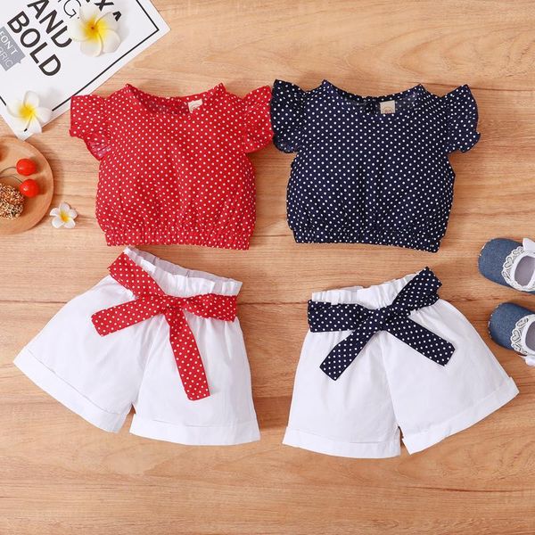 

clothing sets summer toddler girl clothes set wrinkle sleeve dot printed polk bow shorts outfits kids girls suit, White