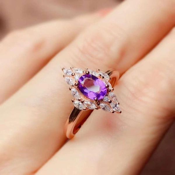 

cluster rings natural and real amethyst ring silver 925 jewelry for women 100% sterling genstone, Golden;silver
