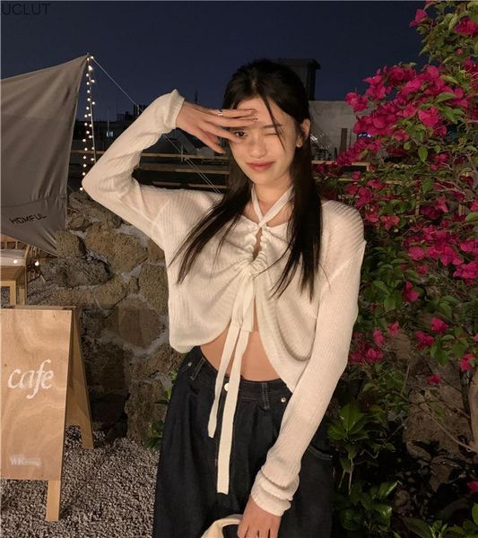 

casual dresses design sense hollowed out lace up v-neck long sleeve sweater women's autumn 2021 korean slim top, Black;gray