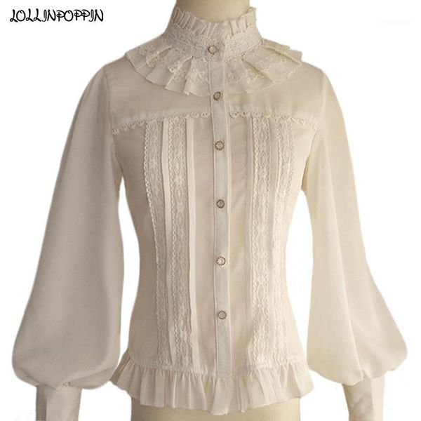 

ladies lolita chiffon blouse stand collar royal style womens puff sleeve shirt long sleeves ruffled lace blouses women's & shirts, White