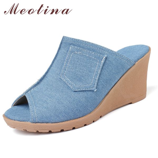 

shoes women wedge high heels slippers peep toe slides female denim summer sandals black blue large size 4-10.5 210517