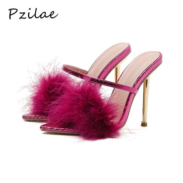 

slippers pzilae summer pointed toe furry ladies sandals fashion design metal heel women mules shoes high heels slides, Black