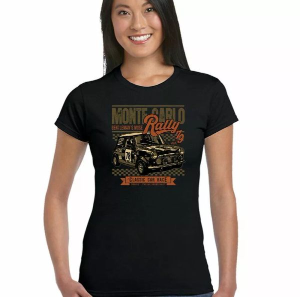 

mini race monte carlo rally-womens funny car t-shirt cooper, White;black