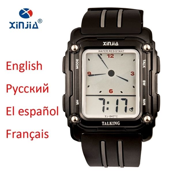 Nuovo orologio parlante Sport Uomo Allarme impermeabile Grande schermo Semplice parlare spagnolo russo inglese francese per non vedenti Orologio 210329