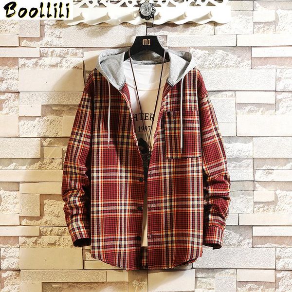

men's casual shirts brand with hooded plaid shirt men long sleeves 2021 spring autumn plus asian size -5xl, White;black
