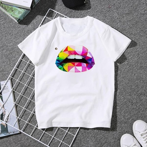

red lip print graphic summer women t shirt short sleeve casual white streetwear tee girls drop