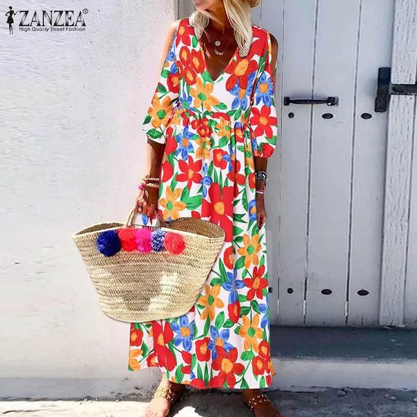 

casual dresses zanzea summer bohemian off shoulder beach long dress fashion women floral holiday maxi sundress v neck 3/4 sleeve vestido, Black;gray
