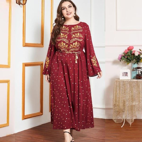 

ethnic clothing 2021 muslim plus-size autumn women heavy embroidery stitching long sleeves polka dot print casual dress woman abaya, Red