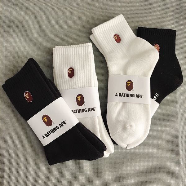 

socks japanese fashion ape ape head embroidery men's and women's medium black white solid color towel bottom sports high