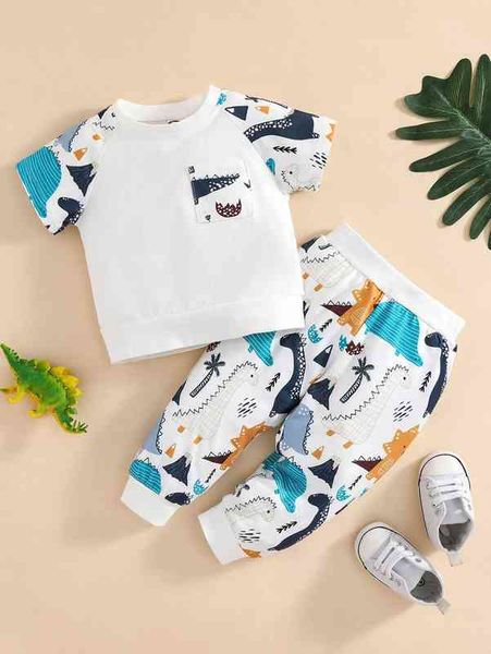 

baby patched pocket cartoon graphic raglan sleeve tee & sweatpants she, White