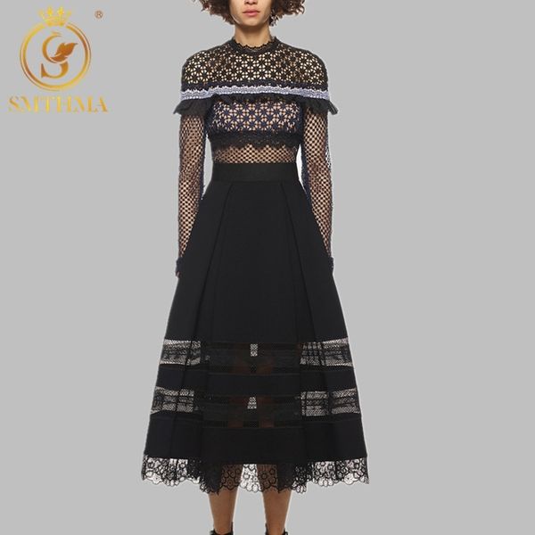 

fashion spring winter long sleeve lace hollow out dress women's runway patchwork dresses vestidos mujer 210520, Black;gray