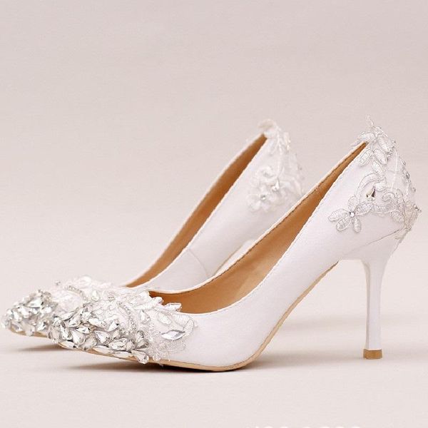 

dress shoes spring pointed white lace rhinestone stiletto high heel bridal wedding banquet wild large size women's single, Black