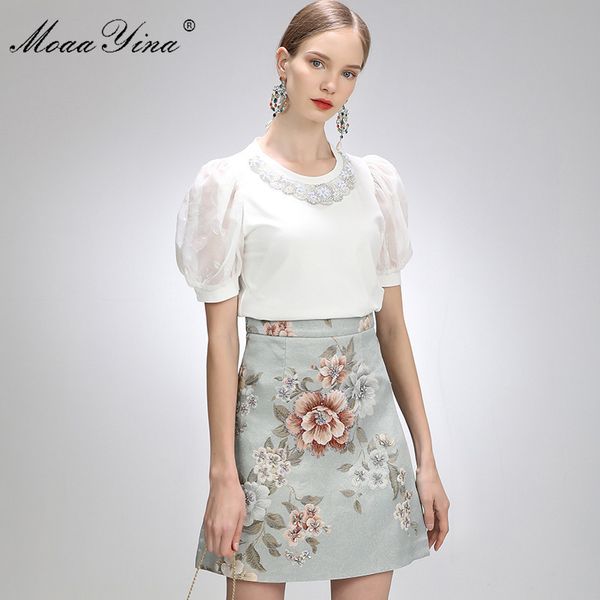

fashion designer suit summer women's puff sleeve shirt +floral beaded short skirt two-piece suit 210524, White