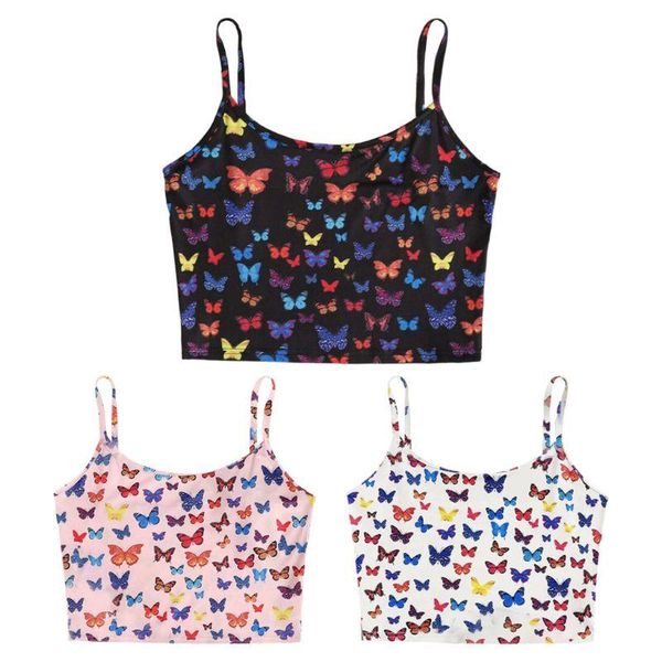 

women's tanks & camis 2021 women summer sleeveless slim crop multicolor butterfly printing spaghetti strap sling vest beach party s, White