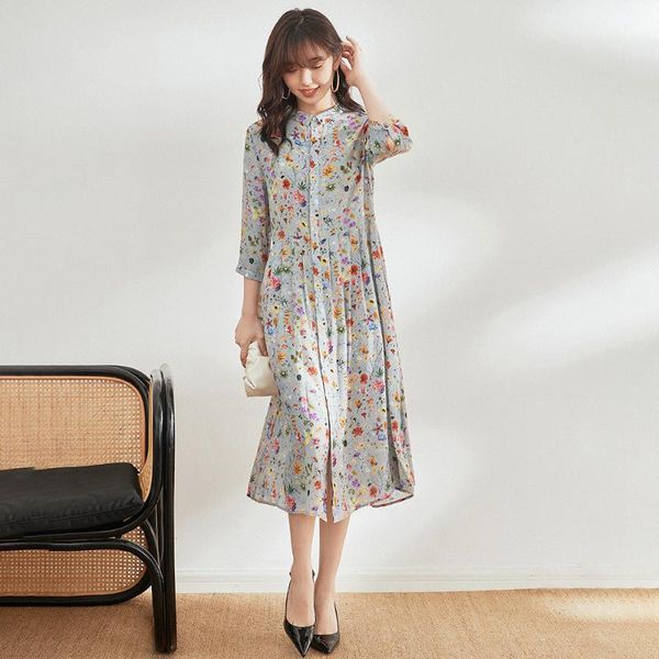 

casual dresses rongtai high grade silk dress floral lapel mulberry mid long skirt women's 2021 summer style, Black;gray