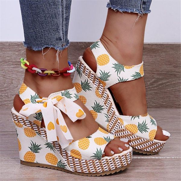 

wedges heels lace-up high heel platform leisure casual women shoes 2021 arrivals woman fruits printing sandals, Black