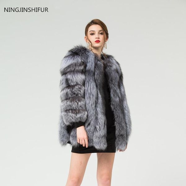 

women's fur & faux brand real silver coats vertical long sleeve women warm natural jacket, Black