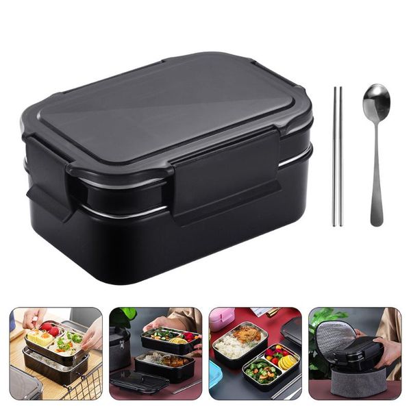 

dinnerware sets 1 set stainless steel storage container portable thermal (black)