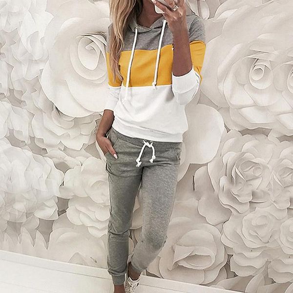 

two autumn piece winter set women hooded tracksuit casual clothes colorblock pullover and pants sweatsuits female outfits1, Gray