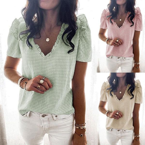 

women's t-shirt 2021women summer v-neck solid short sleeve flounces plaid for lady casual t shirt fashion base s-2xl arrivals tee, White