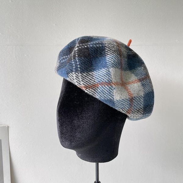 

berets japanese checkered wool for women men painter hat fashion retro octagonal winter keep warm casual bonnet enfant, Blue;gray