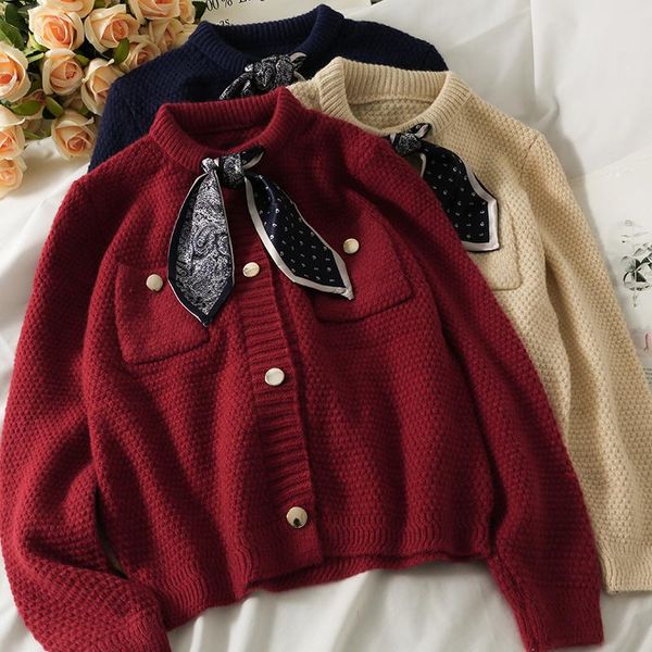 

women's knits & tees vintage bow cardigan women o-neck knitted sweater coat korean autumn winter long sleeve loose knitwear female jack, White