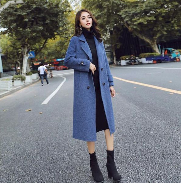 

women's wool & blends autumn winter long coat loose double-breasted robe women outwear slim female blended trench elegant overcoat, Black