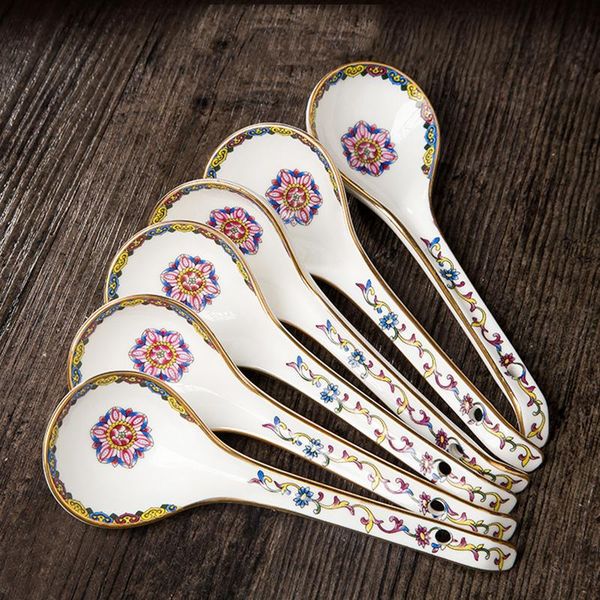 

spoons 5pcs/lot ceramic spoon jingdezhen porcelain enamel rice home tableware accessories kitchen tool chinese soup scoop crafts