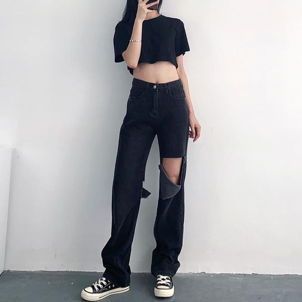 

women's jeans straight spring summer autumn high waist ripped pants loose full-length black gray thin denim trousers, Blue