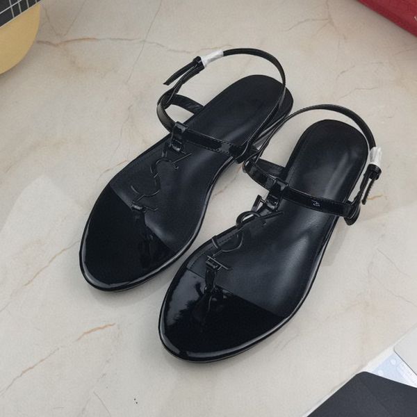

sandals 2023 new arrival paten designer flat sandals metal stript leather women tribute real leather letter metal women shoes beach flip flo, Black