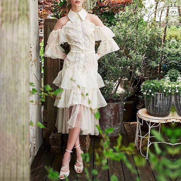 

fashion 2021 designer runway dress women's long sleeve cascading ruffles embroidery casual dresses, Black;gray