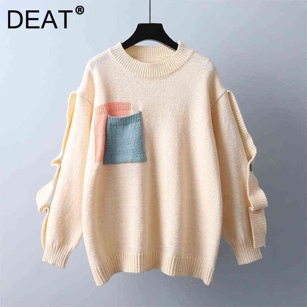 

deat women sweater knit color block pockets button round collar full sleeve casual style pullover 2021 autumn fashion 15ak676 y1110, White;black