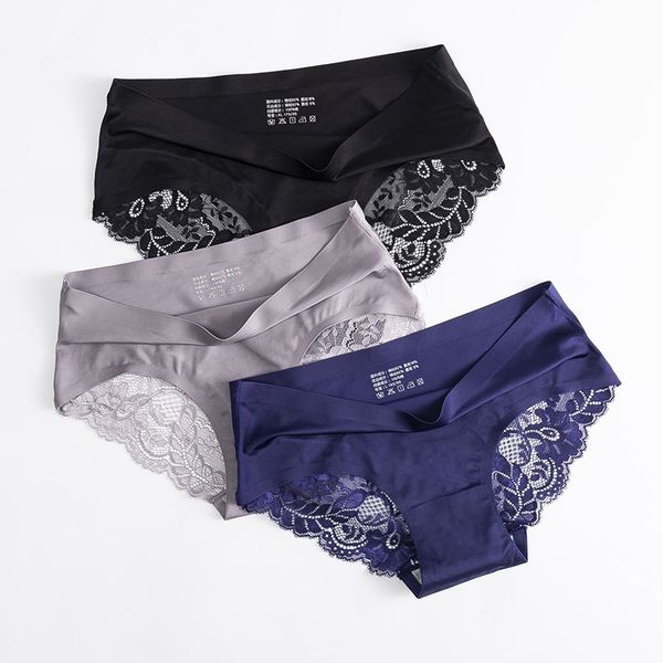 

lace underwear women's ice silk traceless mid waist transparent autumn and winter cotton crotch women's briefs, Black;pink