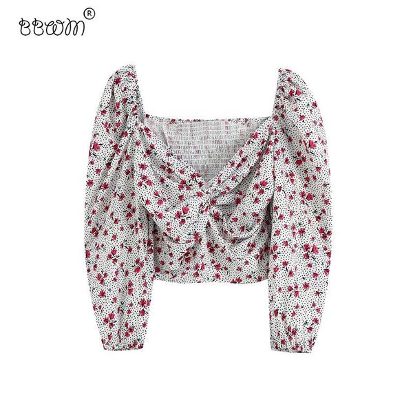 

women's blouses & shirts 2021 women vintage floral printed cropped fashion three quarter sleeve back elastic female chic, White