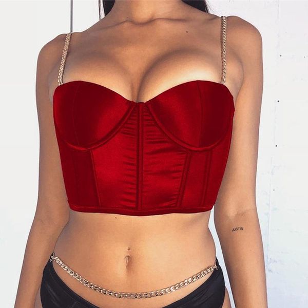 

two-piece suits summer crop women satin bustier chain strap casual padded lingerie bras for push up bra woman
