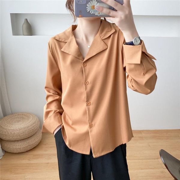 

women's blouses & shirts autumn 2021 style elegant long-sleeved shirt ladies white chiffon button solid notched blusas 0678
