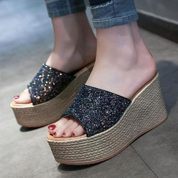 

slippers women's sandals wedge summer non-slip platform high heels ladies casual outdoor sequined beach zapatos de mujer, Black