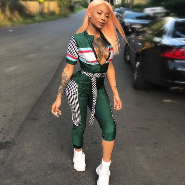

runway tall plaid long pants womens romper checkerboard overall belt sashes zipper patchwork for women summer streetwear green, Black;white