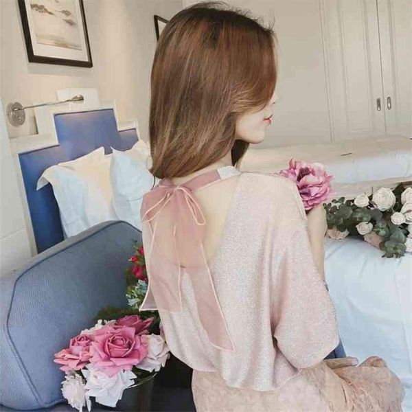 

summer arrival sweet style bright silk bow back loose t-shirt fashion t shirts feminina women 210527, White