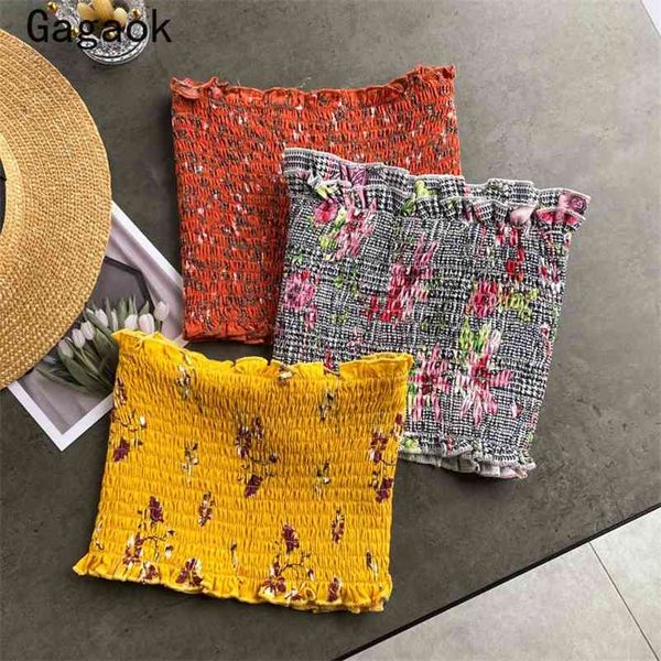 

crop women summer ruffles floral print short tank slim fashion wild chic navel retro outwear tanks 210531, White