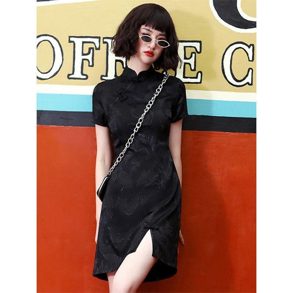 

ethnic clothing 2021 chinese style dress for women girls' slim retro qipao skirt black dragon printed short sleeve split hem cheongsam, Red