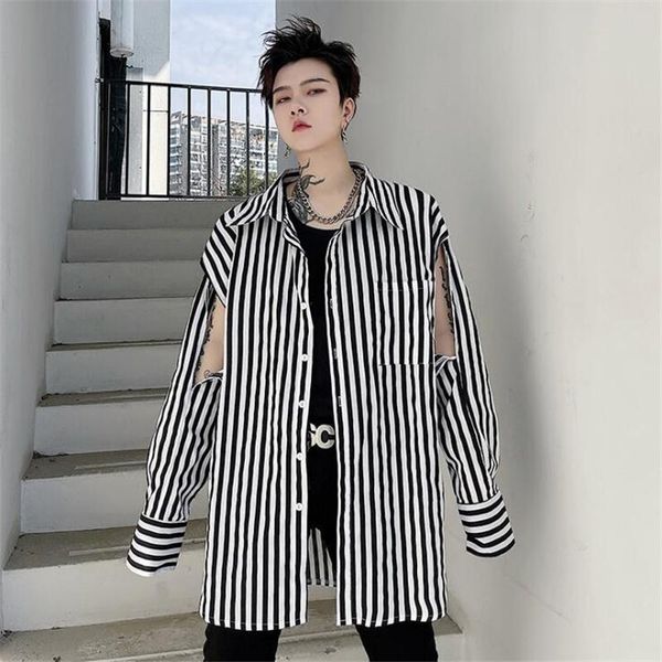 

men's casual shirts 2021 spring summer ripped hole striped shirt men hip hop punk long sleeve japan style fashion blouse, White;black